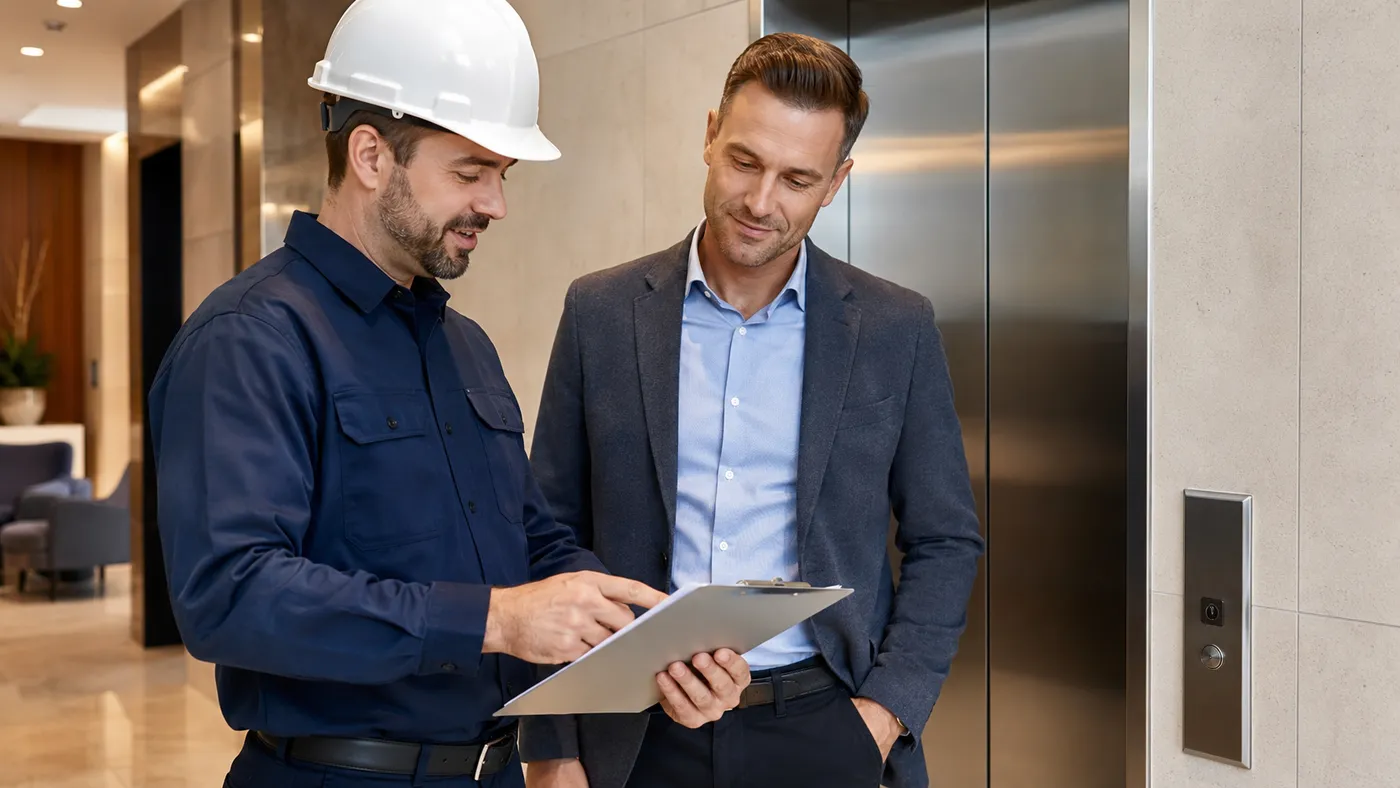 Elevator technician reviewing a service proposal with a property manager beside a commercial elevator