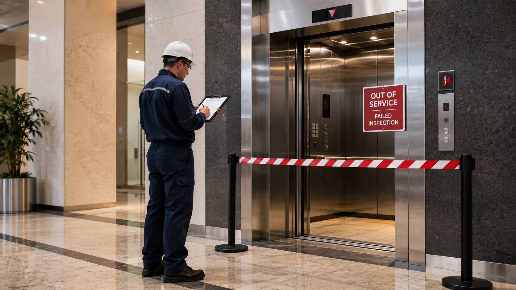 Elevator technician logging a failed inspection outside an out-of-service elevator